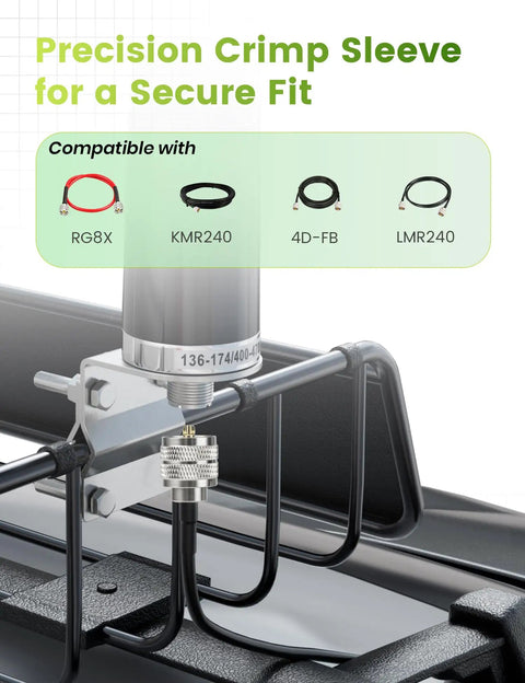 Close-up of precision crimp sleeve with Six Pack UHF Male Crimp Connectors for RG8X LMR240 KMR240 4D FB Coax Cables and installation setup.