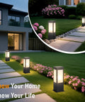 Rock Solid 15.75 Inch Outdoor Bollard Path Lights With Knockout Aluminum Frame And Frosted Glass Shade providing walkway lighting.