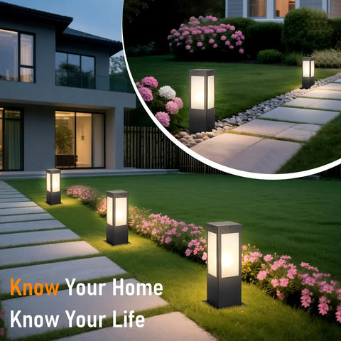 Rock Solid 15.75 Inch Outdoor Bollard Path Lights With Knockout Aluminum Frame And Frosted Glass Shade providing walkway lighting.