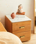 Bedside table with two drawers featuring Six Pack Antique Brass Cup Pulls For Cabinets And Drawers, Vintage Zinc Alloy Kitchen Hardware.