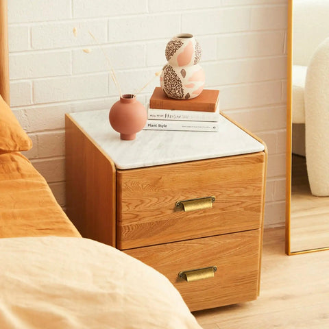 Bedside table with two drawers featuring Six Pack Antique Brass Cup Pulls For Cabinets And Drawers, Vintage Zinc Alloy Kitchen Hardware.