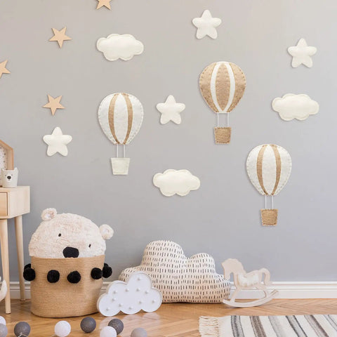 10 Piece Star Hot Air Balloon And Cloud Nursery Decor Set For Bedroom Wall Art Kids Baby Room Khaki Felt Clouds And Stars Displayed