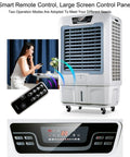 Portable Evaporative Swamp Cooler With Remote And 12 Hour Timer, showing large control panel and remote for easy operation.