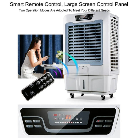 Portable Evaporative Swamp Cooler With Remote And 12 Hour Timer, showing large control panel and remote for easy operation.