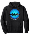 Black Outrigger Canoe Hoodie featuring retro ocean graphic for paddlers, Hawaii Aloha State vibe sweatshirt suitable for watermen.