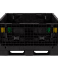 Kickass Workhorse Industrial Grade Collapsible Bulk Box With 1700 Pound Capacity And Four Way Forklift Access For Warehouse Material Handling And Retail Storage Made In Usa, black plastic crate, front view.