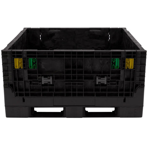 Kickass Workhorse Industrial Grade Collapsible Bulk Box With 1700 Pound Capacity And Four Way Forklift Access For Warehouse Material Handling And Retail Storage Made In Usa, black plastic crate, front view.