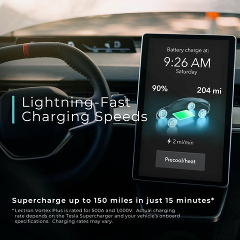 Dashboard display showing charging progress with NACS To CCS EV Adapter With Interlock For CCS1 Fast Charging And Tesla Superchargers.