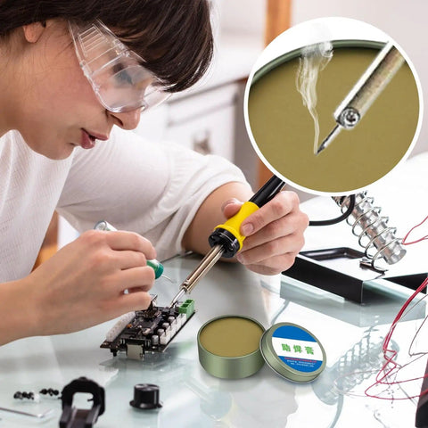 Woman using no clean solder flux paste for electronics and plumbing repairs, quick wetting and flow control for precise joints.