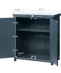 Weatherproof Outdoor Storage Cabinet for Patio and Garden with Shelves and Heavy Duty Metal Tabletop and Wooden Potting Table Workstation Built to Last and Easy Assembly displayed with open doors and internal dimensions.