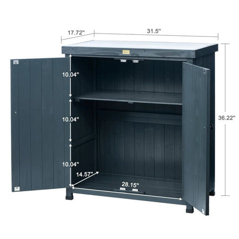 Weatherproof Outdoor Storage Cabinet for Patio and Garden with Shelves and Heavy Duty Metal Tabletop and Wooden Potting Table Workstation Built to Last and Easy Assembly displayed with open doors and internal dimensions.
