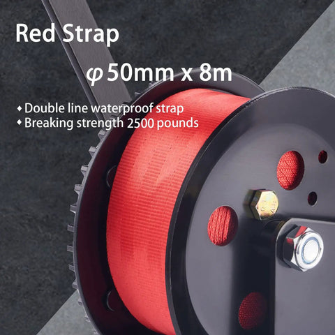 2500 Lb Boat Trailer Winch With 26 Ft Red Strap Built Tough Steel Hand Crank Winch close-up of red strap and gear mechanism