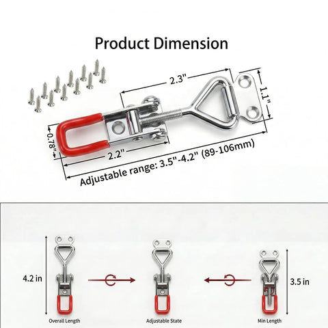 Three Piece Adjustable Toggle Latch 4001 Quick Release Clamp with dimensions and screws, zinc galvanized construction for smoker lid