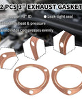 Heavy Duty 3 Inch Copper Exhaust Flange Collector Gasket Kit With 6 Pcs M10 304 Stainless Steel Bolts And Nuts For SBC BBC Chevy 302 350 383 454 V8 Tri Tube Headers Tight As A Drum No Stress Bolt On Header Upgrade Rig, two copper exhaust gaskets in close-up view.