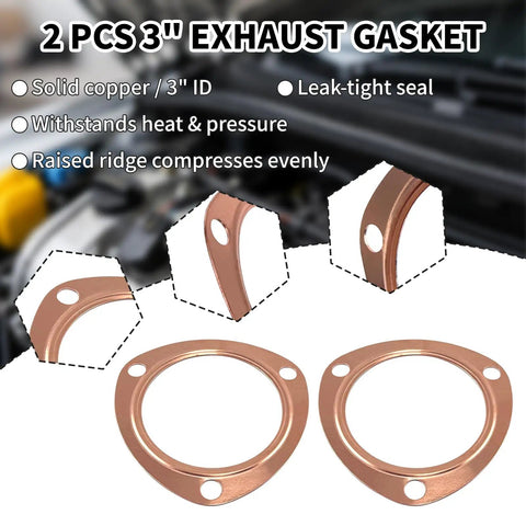 Heavy Duty 3 Inch Copper Exhaust Flange Collector Gasket Kit With 6 Pcs M10 304 Stainless Steel Bolts And Nuts For SBC BBC Chevy 302 350 383 454 V8 Tri Tube Headers Tight As A Drum No Stress Bolt On Header Upgrade Rig, two copper exhaust gaskets in close-up view.