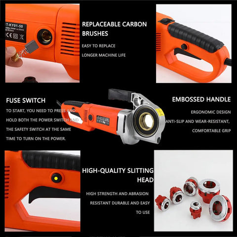 Electric Pipe Threader Machine With 2300 Watt Motor And Four Carbon Steel Dies for threading, featuring ergonomic handle and replaceable carbon brushes.