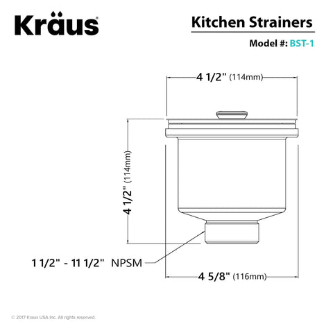Technical diagram of Kraus BST-1 kitchen strainers, dimensions for Stainless Steel Basket Strainer For Kitchen Sink Universal Fit