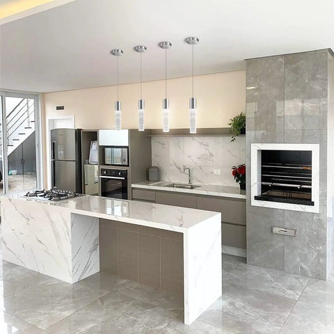 Upgrade Your Kitchen Or Bar With These Slick Chrome Led Bubble Crystal Pendant Lights Featuring Simple 3Cct Color Switches And Timeless Modern Designs Solid 3 Pack Gear For Effortless Ambient Glow in a modern kitchen setting.