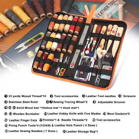 Leather Working Tools Kit For Beginners And Hobbyists, 7 In 1 Stitching Groover Awl Set With tools displayed in a storage bag