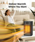 Indoor 1500W PTC Ceramic Space Heater With Remote, LED Display, and Oscillation in living room providing warmth.