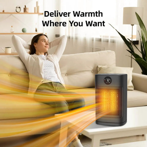 Indoor 1500W PTC Ceramic Space Heater With Remote, LED Display, and Oscillation in living room providing warmth.