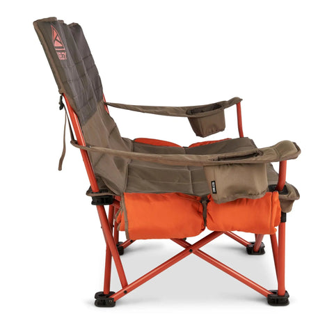 Side view of Two Person Camping Chair With Removable Blankets Low To The Ground Loveseat Nest Cozy Cuddle Recline Insulated Beverage Holders
