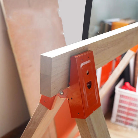 Heavy Duty Cut Off Saw Horse Brackets 2 Pack Cold Rolled Steel Mechanical Workbench Jacks with wood plank secured for cutting.