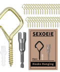 Heavy Duty Eye Screw Hooks 35 Piece Set with Safety Buckle Gold for indoor and outdoor use, including packaging and components