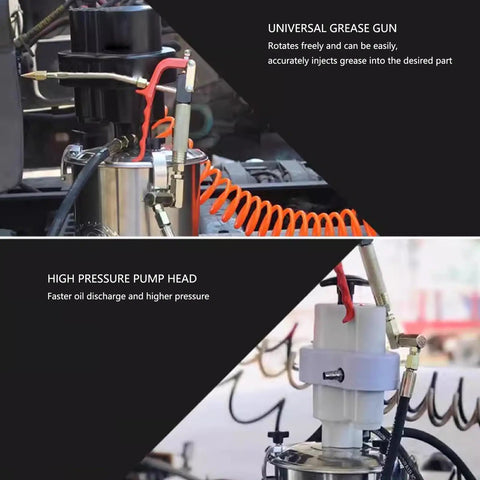 Heavy Duty Pneumatic Grease Pump With Five Foot Air Hose And Swivel Nozzle For Quick Grease Monkey Jobs And Field Machinery Care with universal grease gun and high pressure pump head.