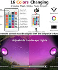 RGB Landscape Lighting Kit 8 Pack 5W Low Voltage 12V Outdoor LED Spotlight With Remote Control IP66 Waterproof Garden Pathway Lights 600 Lumens 90 Degree Beam 270 Degree Adjustable Heads Dope Yard Decor Vibe showing 16 color settings with remote.