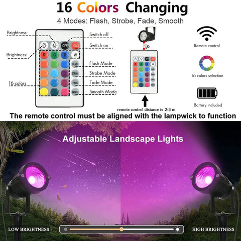 RGB Landscape Lighting Kit 8 Pack 5W Low Voltage 12V Outdoor LED Spotlight With Remote Control IP66 Waterproof Garden Pathway Lights 600 Lumens 90 Degree Beam 270 Degree Adjustable Heads Dope Yard Decor Vibe showing 16 color settings with remote.