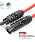 Red Solar Extension Cable Set 6 Feet 10AWG With Male And Female Connectors; Dual Color Solar Panel Wire Adaptor Kit.