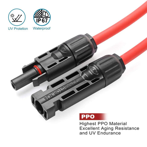 Red Solar Extension Cable Set 6 Feet 10AWG With Male And Female Connectors; Dual Color Solar Panel Wire Adaptor Kit.
