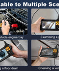Collage showing 1080P HD Endoscope Camera With Light, 4.3 Inch IPS Screen Borescope used for engine, pipe, floor drain, and ventilation inspection.