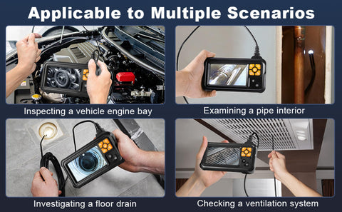 Collage showing 1080P HD Endoscope Camera With Light, 4.3 Inch IPS Screen Borescope used for engine, pipe, floor drain, and ventilation inspection.