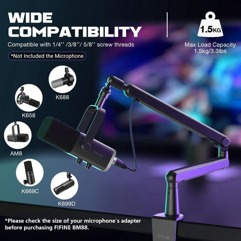 Low Profile Adjustable Microphone Boom Arm For Your Desk With Clamp Cable Management Screw Adapter And Studio Mount For Podcasting Streaming Gaming And Recording BM88 on desk with microphone attachment options.