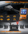 OBD2 Scanner With Battery Tester 2 In 1 displaying readouts with cable connector and various compatible vehicle icons.