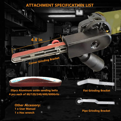 Solid Belt Sander Attachment For Angle Grinder Fits 4 5 Inch Tools And US 5 8 To 11 Thread showing corner grinding bracket with sanding belts.