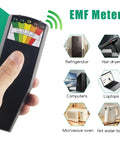 Hand holding Ghost Hunting Meter Handheld EMF Detector With LCD Readout for Paranormal Investigations in home setting.