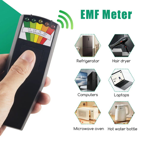 Hand holding Ghost Hunting Meter Handheld EMF Detector With LCD Readout for Paranormal Investigations in home setting.