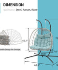 Two Person Egg Swing Chair With Stand For Indoor And Outdoor Patio Wicker Rattan Hanging Chair With Cushion And Pillow, dimensions shown