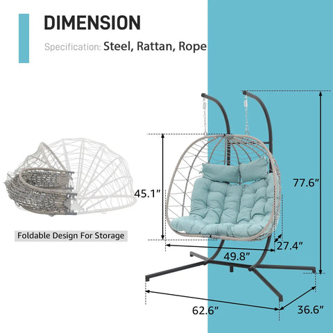 Two Person Egg Swing Chair With Stand For Indoor And Outdoor Patio Wicker Rattan Hanging Chair With Cushion And Pillow, dimensions shown