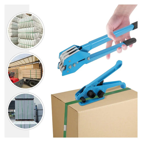 Heavy Duty Strapping Machine With 1000N Tension And 400Kg Break Strength being used on a cardboard box in a warehouse.