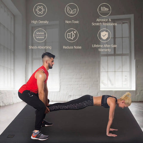 Two people exercising on Extra Wide Exercise Mat For Home Gym Flooring Non Slip Durable Cardio Mat Great For Plyo MMA Jump Rope And Weight Training 6x4 6x5 Or 6x6 7mm Thick Shoe Friendly Indoor Or Outdoor Use in a home gym.