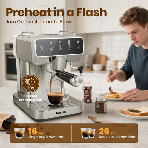 Espresso Machine With 20 Bar Pressure, Touchscreen Interface, Milk Frother And Hot Water, Stainless Steel Coffee Maker