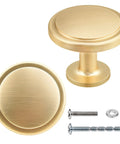 Brushed Gold Cabinet Knobs 2 Pack 1-1/4 Inch Round Zinc Alloy Hardware For Cabinets And Drawers with screws
