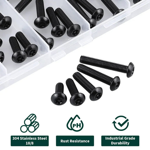 M5 Black Torx Security Screws With Bit Tamper Resistant Button Head 304 Stainless Steel Machine Fasteners For Outdoor Automotive Anti Theft Projects Locks Down Tight 60Piece Set in storage case.