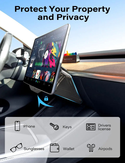 Under Screen Storage Box For Tesla Model Y And Model 3 Juniper And Highland Editions Magnetic Hidden Privacy Center Console Organizer 2019 2026 Keeps Essentials Within Reach And Cabin Clutter Free shown beneath Tesla screen.