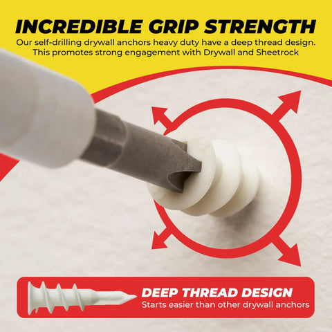 Mini N6 Plastic Self Drilling Drywall Anchors With Screws Kit 50 Pack showing drill driving anchor into wall with deep thread design