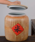Heavy Duty Ceramic Rice Container With Secure Airtight Lid Big Boy Pantry Canister open top view for flour and tea storage.